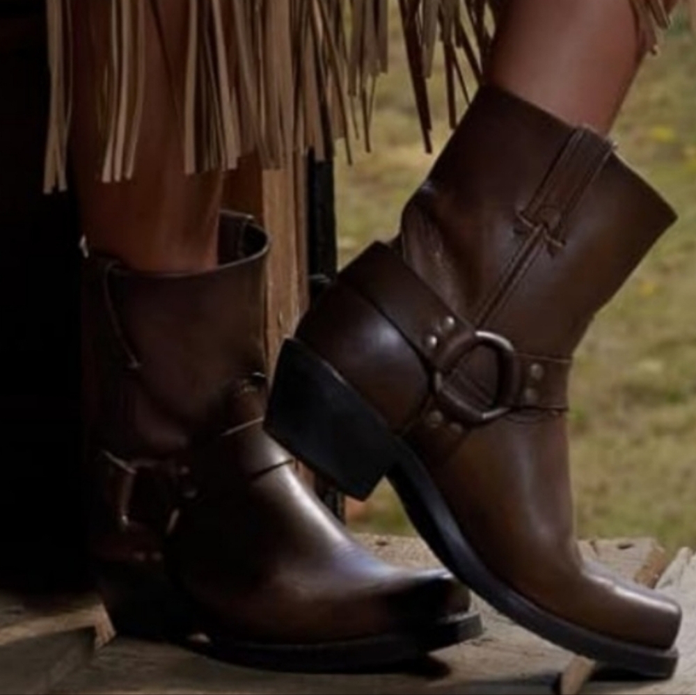 Frye Brown Leather Harness Moto Boots - Picture 7 of 8